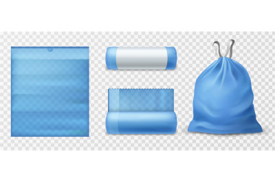 Realistic trash bags. Kitchen 3d garbage blue eco pack with ties in di