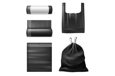 Realistic black trash bags. Kitchen garbage plastic sacks, bag with ha