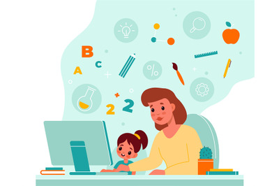 Online children education. Home child learning, mother helps daughter