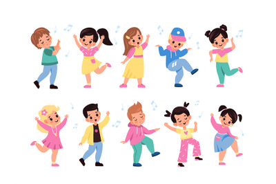 Kids dancing. Children characters dance and sing, little happy girls a