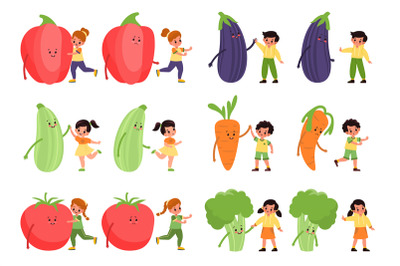 Kids with vegetables. Small children and big tomatoes, eggplants and b