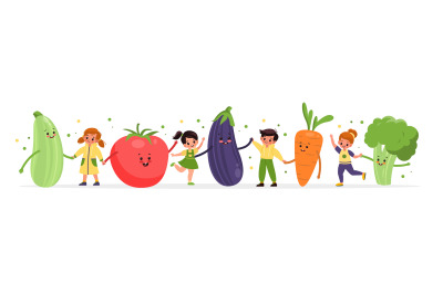 Happy kids with vegetables. Smiling girls and boys dance with big vege