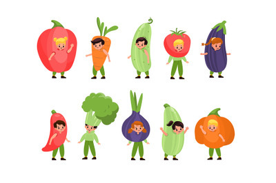 Kids vegetables dressed. Children costume party, fancy little fruits,