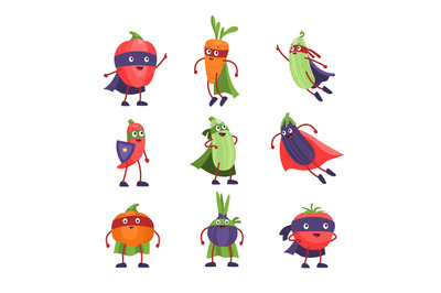 Superhero vegetables. Funny cartoon comic healthy vegetable, vegan cha