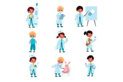 Children doctors. Kids with medical dress and tools, hospital role-pla