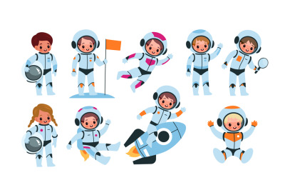 Kids astronauts. Happy little children in cosmic suits, space explorer