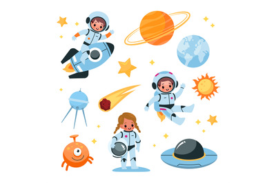 Kids space elements collection. Astronaut children with cosmic items,