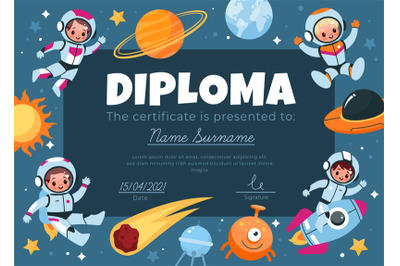 Space diploma. Happy kids astronauts fly around info frame children sc