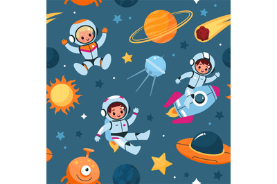 Space seamless pattern. Cosmic objects and little astronauts, cute chi