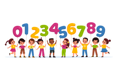 Kids with balloons numbers. Happy children hold color numerals, boys a