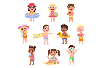 Kids beach. Funny little children with summer accessories&2C; smiling gir