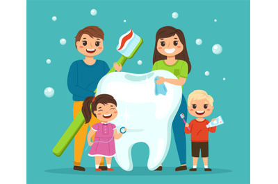 Big tooth with family. Happy smiling people, parents with children hol