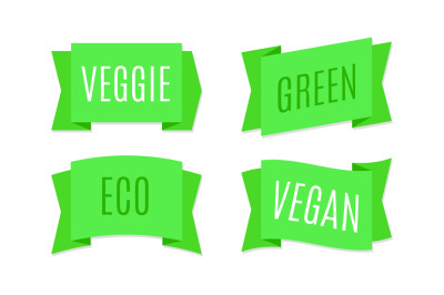 Green ribbons banners. Eco and bio tags design for natural vegan produ