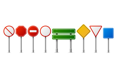 Realistic traffic road signs. Empty highway speed street metal sign co