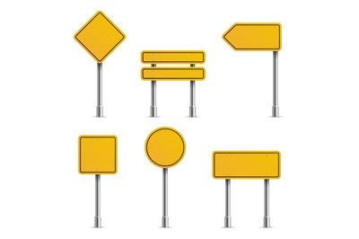 Yellow road signs. Empty traffic highway speed street metal sign colle