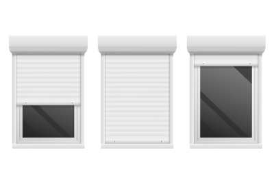 Rolling shutters. Realistic facade roller blind&2C; window metal frame. 3