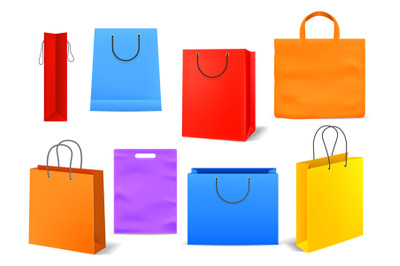 Shopping bags. Empty bright colorful product or present paper handbag,