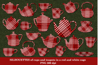 Set of cups and teapots in a red and white cage.