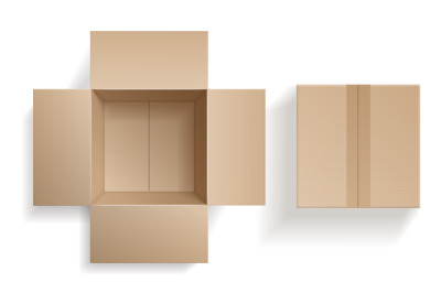 Top view cardboard box. Closed and open beige boxes inside and top vie