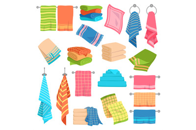 Towel cartoon set. Beach, kitchen and bath hanging and stacked towels