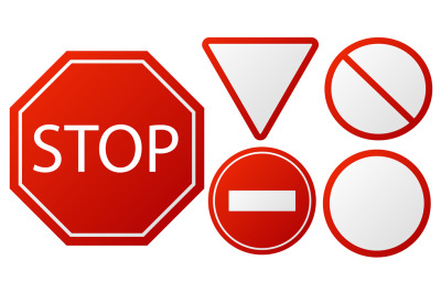 Traffic signs Stop. Restricted road warning sign collection, red polic