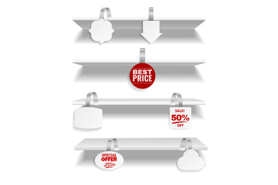Shelves with wobbler. Realistic discount tags hanging on store rack. 3