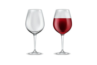 Wine glass realistic. 3d empty glassware and with half filled red wine