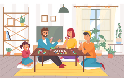 Family plays board games at home. Happy parents and children in room i