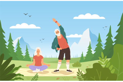 Old people sport outdoor. Happy active elder couple in sports uniform