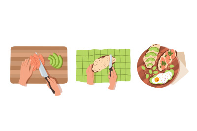 Stages of making sandwich. Female hands cooks breakfast, cuts salmon a