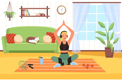 Yoga at home. Woman in sportswear sitting in lotus position, living ro