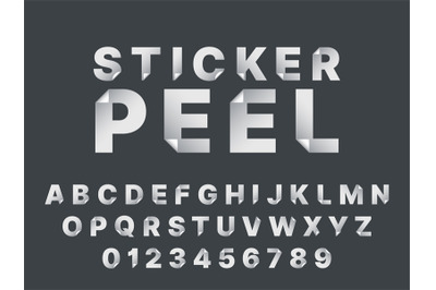 Sticker peel font. Realistic sticky peel off english alphabet, curl wh