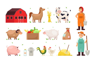 Farm objects. Man and woman farmers, agricultural crops and utensils,