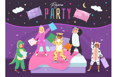 Pajama party. Happy children fight with pillows, kids animals costumes