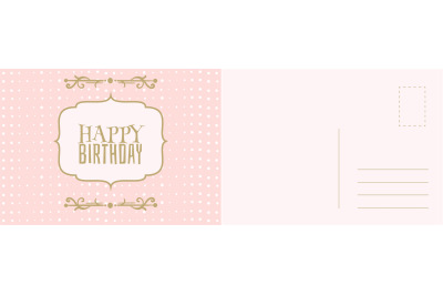 Happy Birthday card. Invitation postcard white polka dot on pink backg