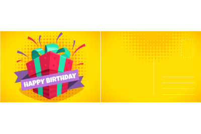 Happy Birthday. Holiday postcard with wrapped gift box with ribbon, le