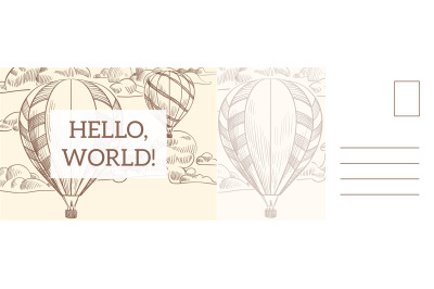 Travel postcard. Air balloons in retro hand drawn engraving style, hel