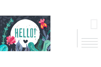 Hello greeting card. Doodle leaves and flowers with lettering text, ca