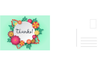 Thanks card. Paper cut floral frame with calligraphy text. Bright leav