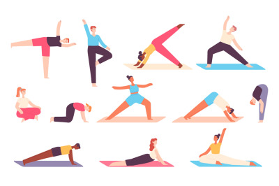 Yoga people. Men and women do stretch exercises for body and mind rela