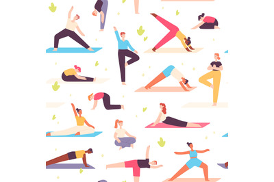 Yoga people seamless pattern. Men and women do mental health and physi