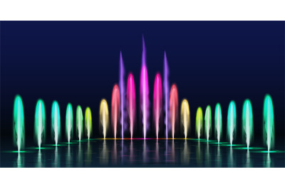 Fountains show. Realistic colored dancing water jets in night. Fountai