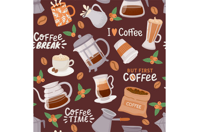 Coffee seamless pattern. Cup with cappuccino, latte, espresso maker an