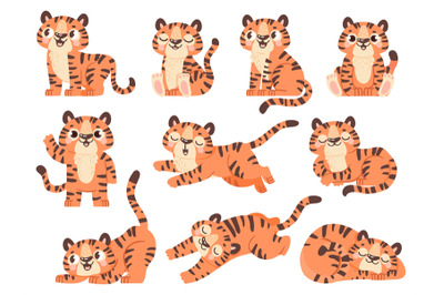 Cute baby tigers. Cartoon jungle animal for kids design. Tiger poses i