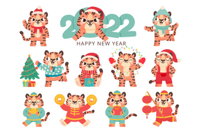 Cute tiger 2022. Chinese happy new year symbol tigers in traditional c