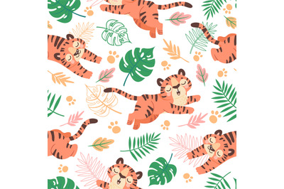 Baby tiger seamless pattern. Cute childish cartoon tigers&2C; paw prints