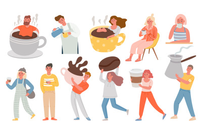 Coffee people. Men and women with hot morning drinks, sit in giant cup