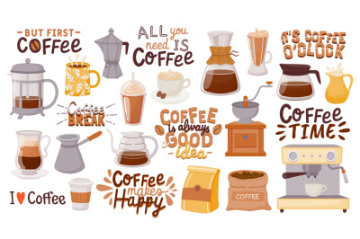 Coffee quotes and cups. Morning breakfast hot drink design for cafe po