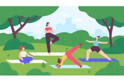 Yoga in city park. Group of women do exercise and meditation in nature