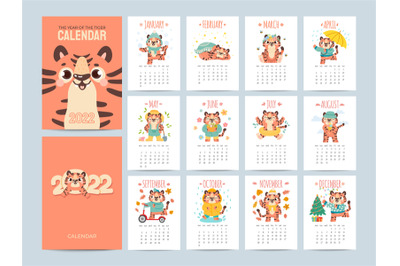 Calendar 2022 with cute tigers. Covers and 12 month pages with animal